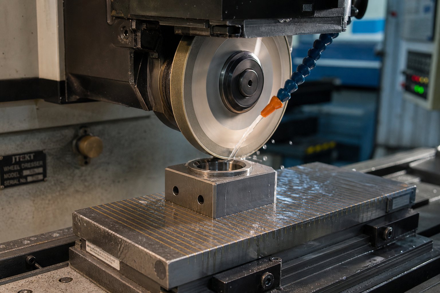 diamond wheel regrinding a carbide die component with flood coolant to prevent thermal damage during the sharpening process