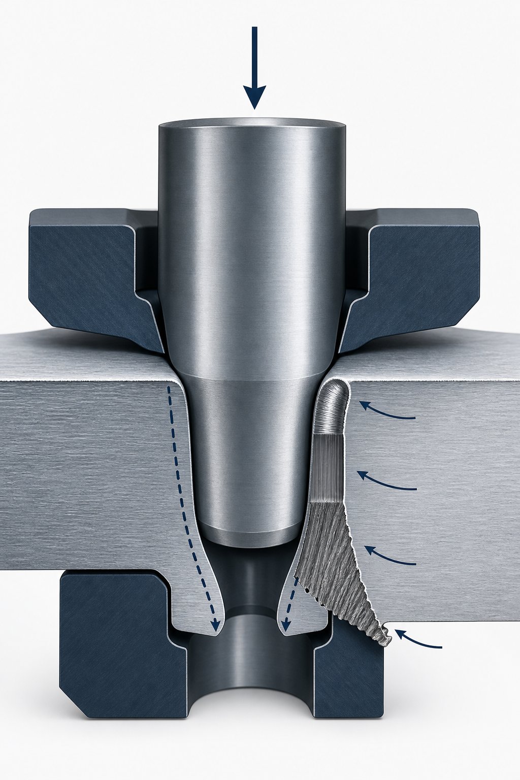 cross section view of shear mechanics during punch cutting showing fracture zone formation at the punch die interface