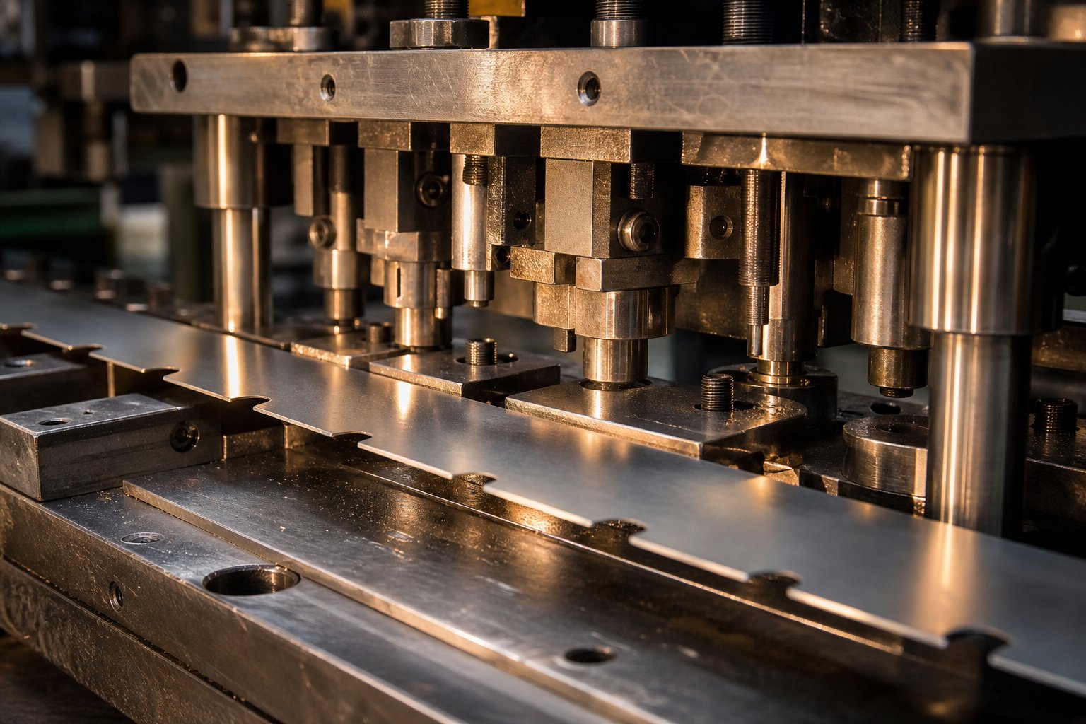 progressive stamping die with carrier strip showing bypass notch features for controlled strip advancement through multiple stations