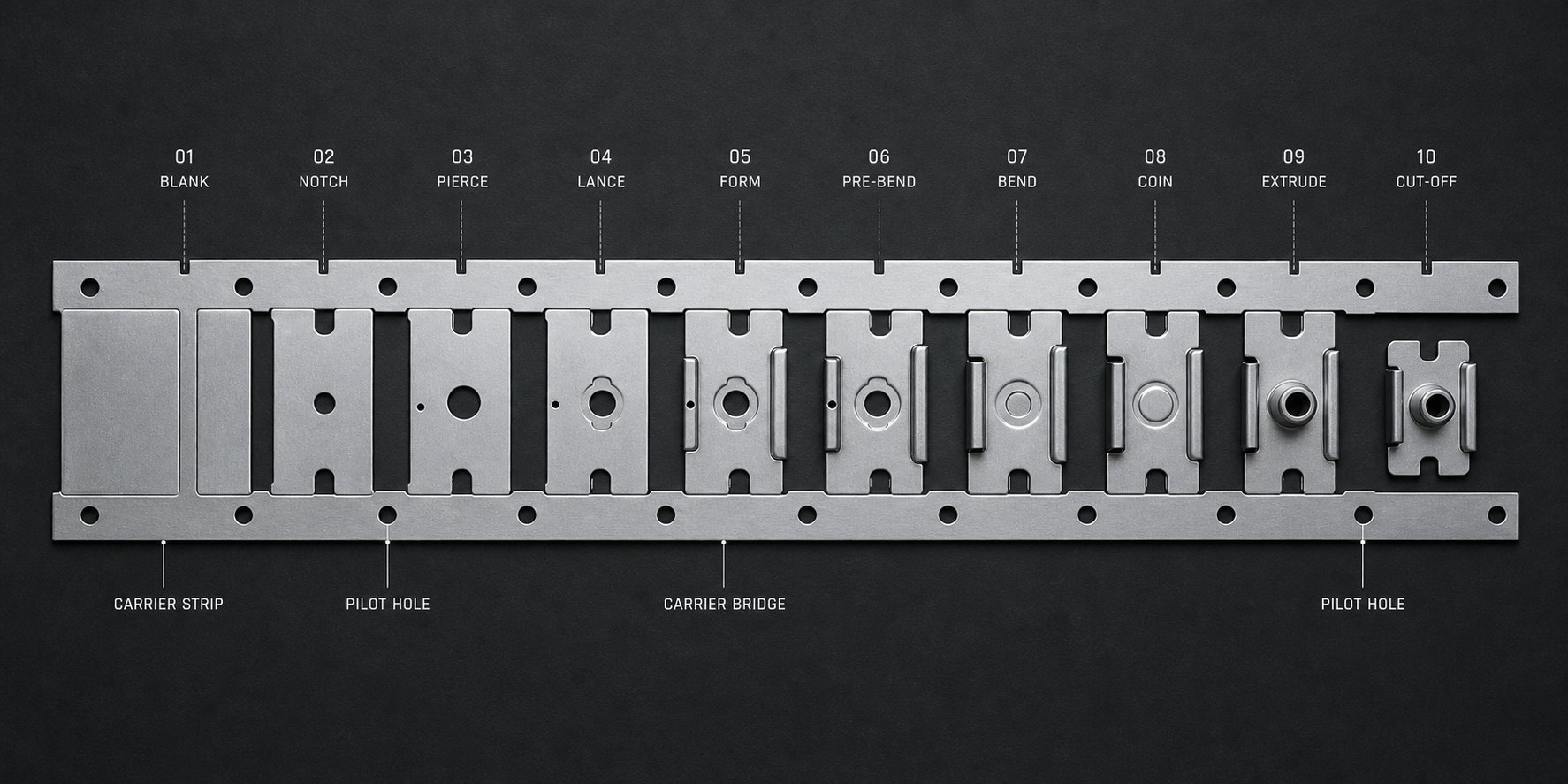 strip layout showing coordinated placement of bypass notches pilot holes and carrier bridges across progressive die stations