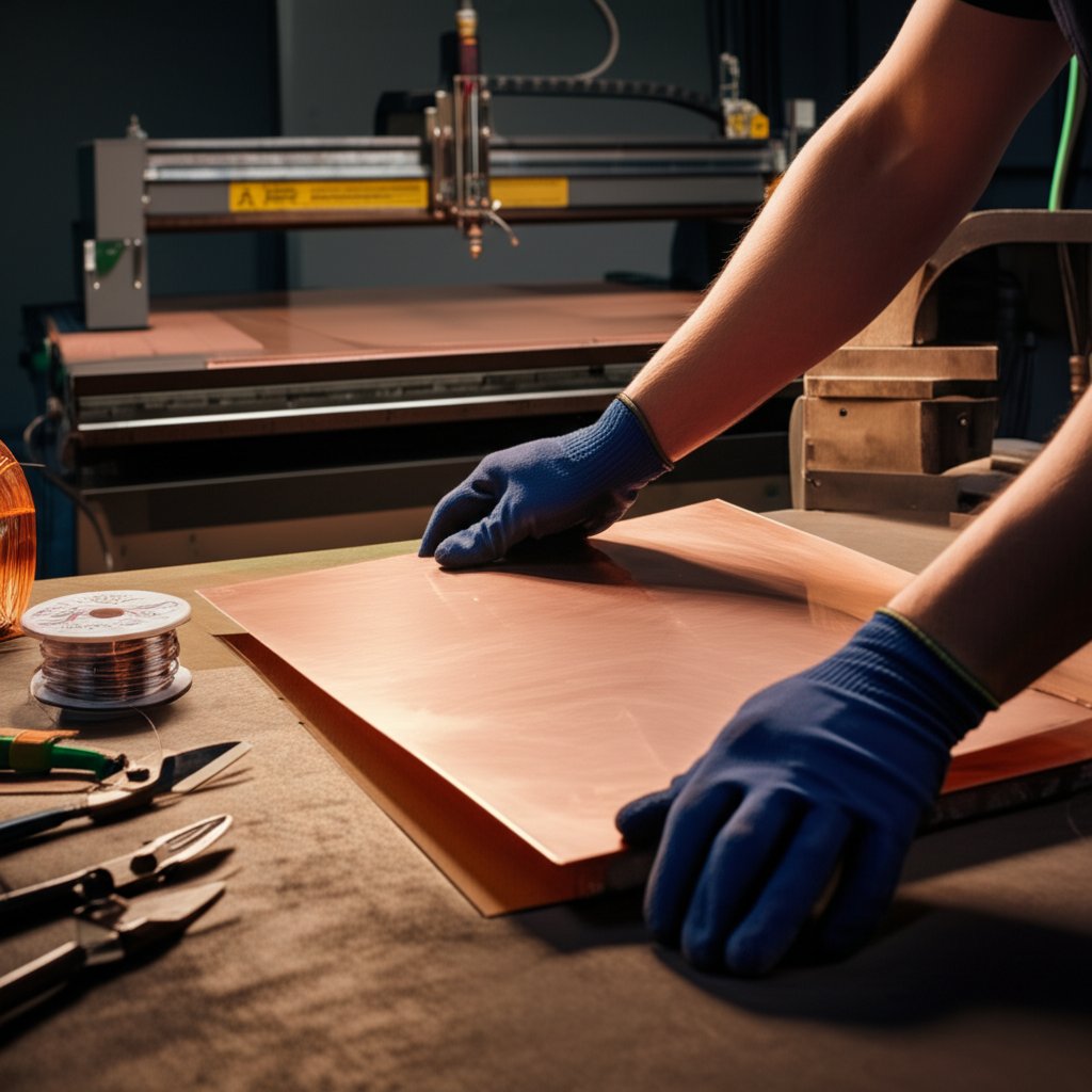 safe and precise copper sheet fabrication using proper tools and protective gloves