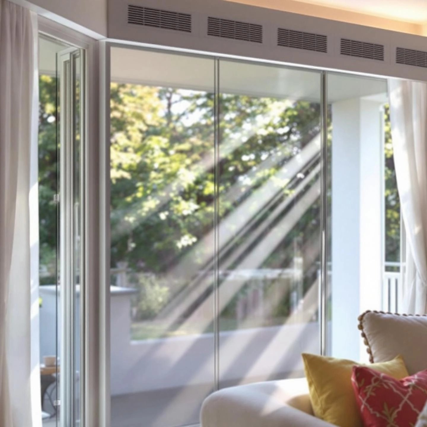 a bright modern living space with windows equipped with trickle vents for continuous fresh air