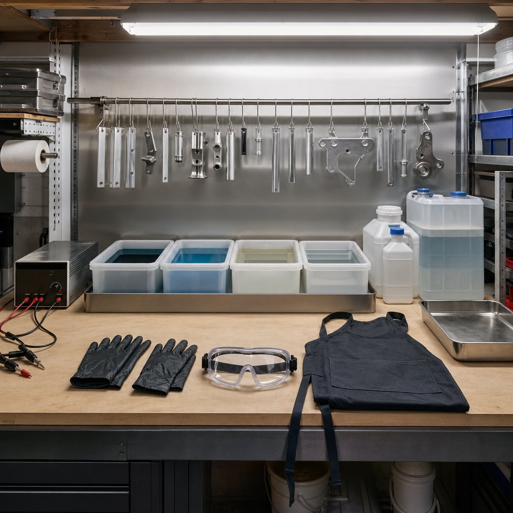 home anodizing workspace with tanks power supply and safe part racking