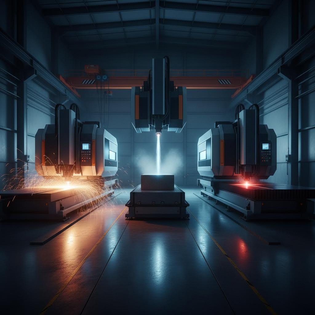 industrial cutting technologies including plasma waterjet and laser systems in a modern fabrication facility