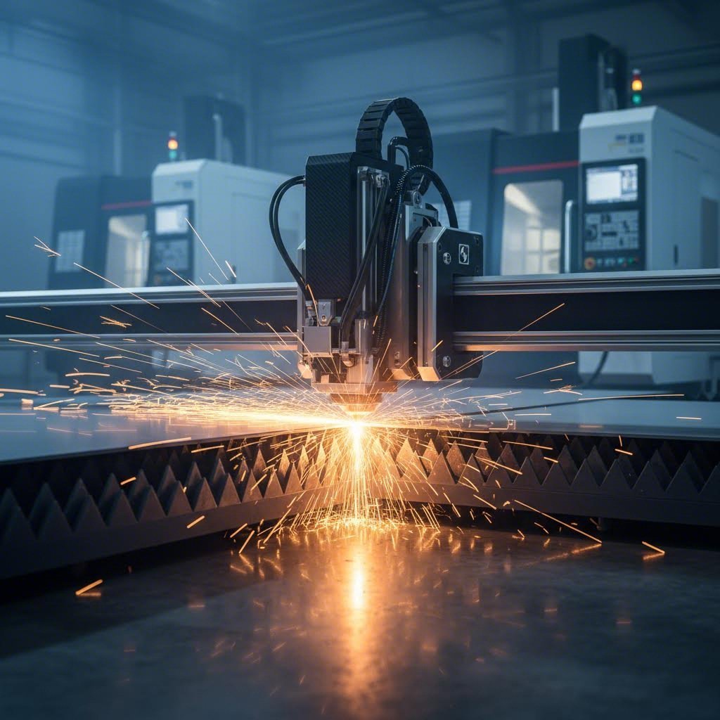 industrial fiber laser cutting machine precisely slicing through metal sheet with sparks illuminating the modern manufacturing environment