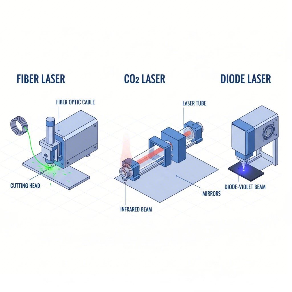 visual comparison of fiber co2 and diode laser systems showing their distinct configurations and beam characteristics