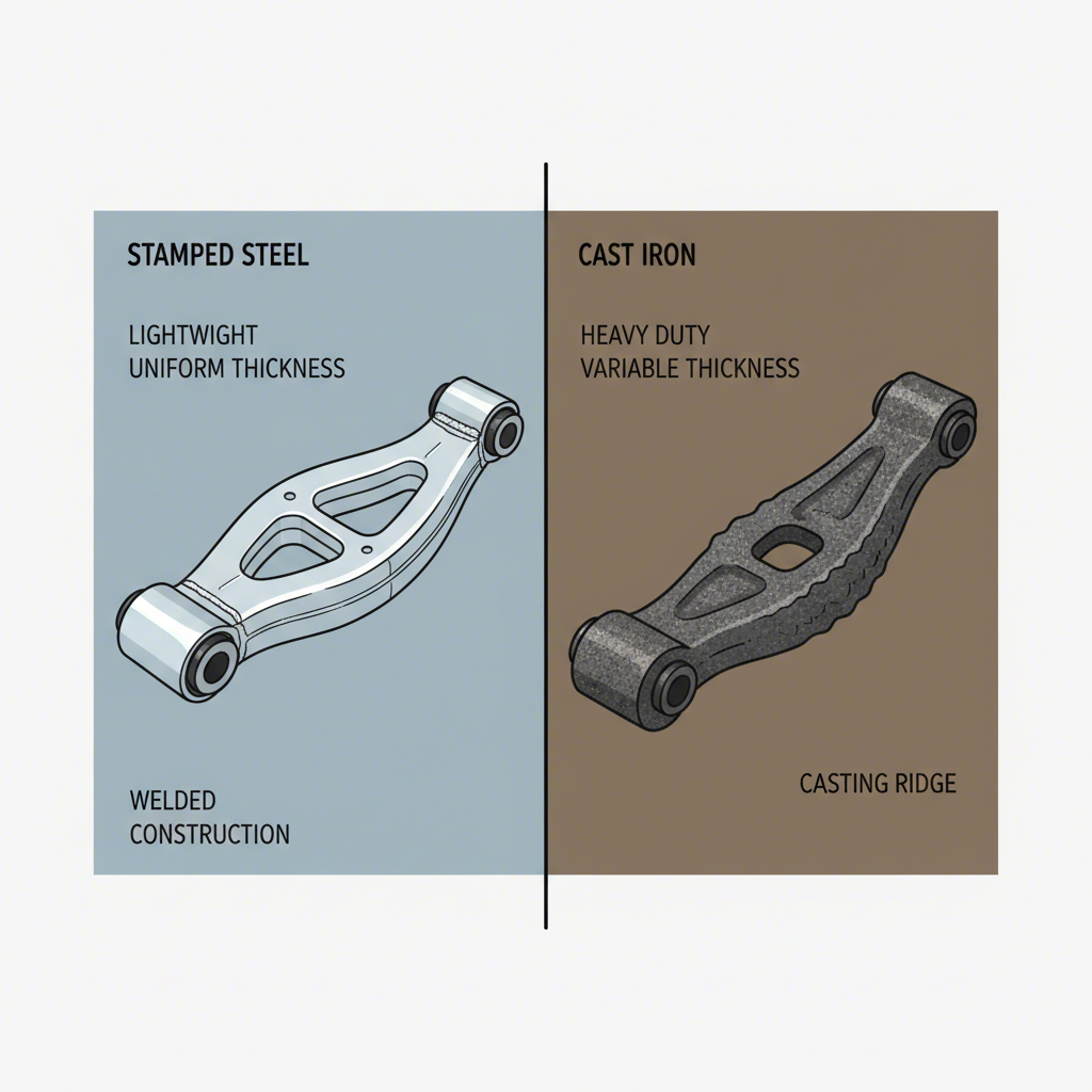 visual comparison of stamped steel versus cast iron control arm characteristics