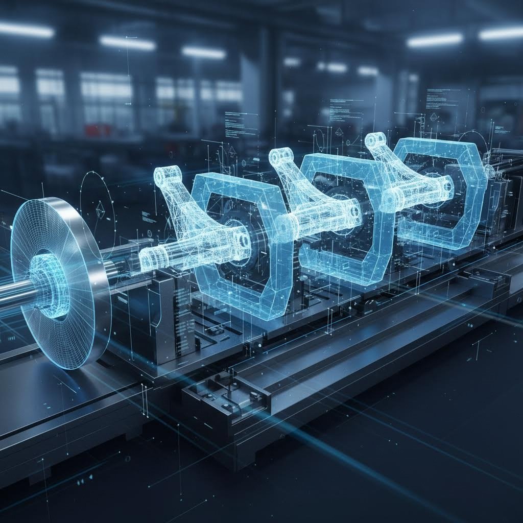 Progressive die stamping line transforming steel coil into automotive control arms