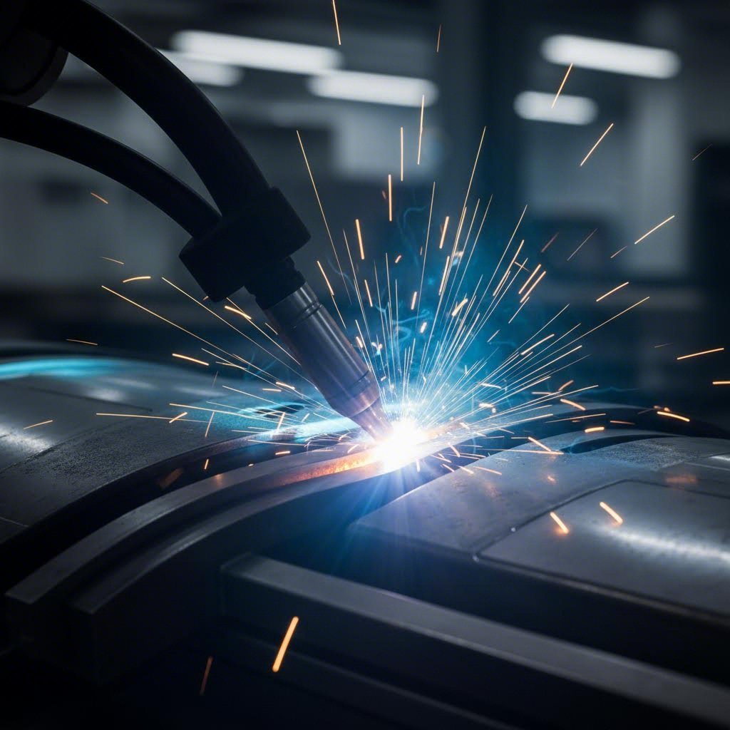 Robotic welding process joining upper and lower stamped shells