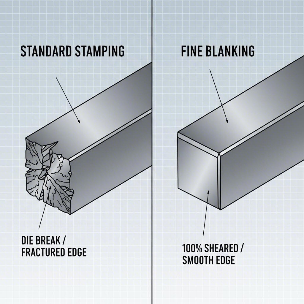 Cross section comparing the rough die break of standard stamping vs the smooth sheared edge of fine blanking