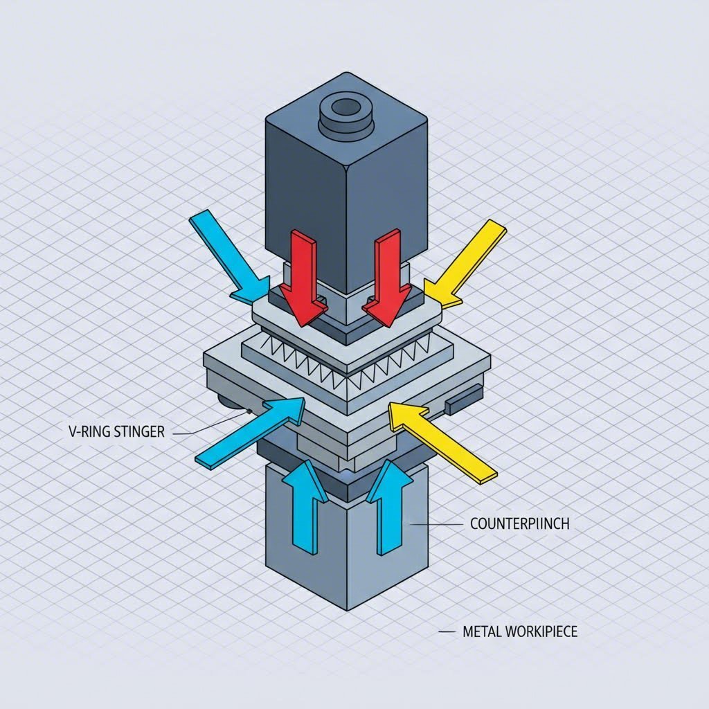 Diagram of the triple action forces in fine blanking clamping punching and counter pressure