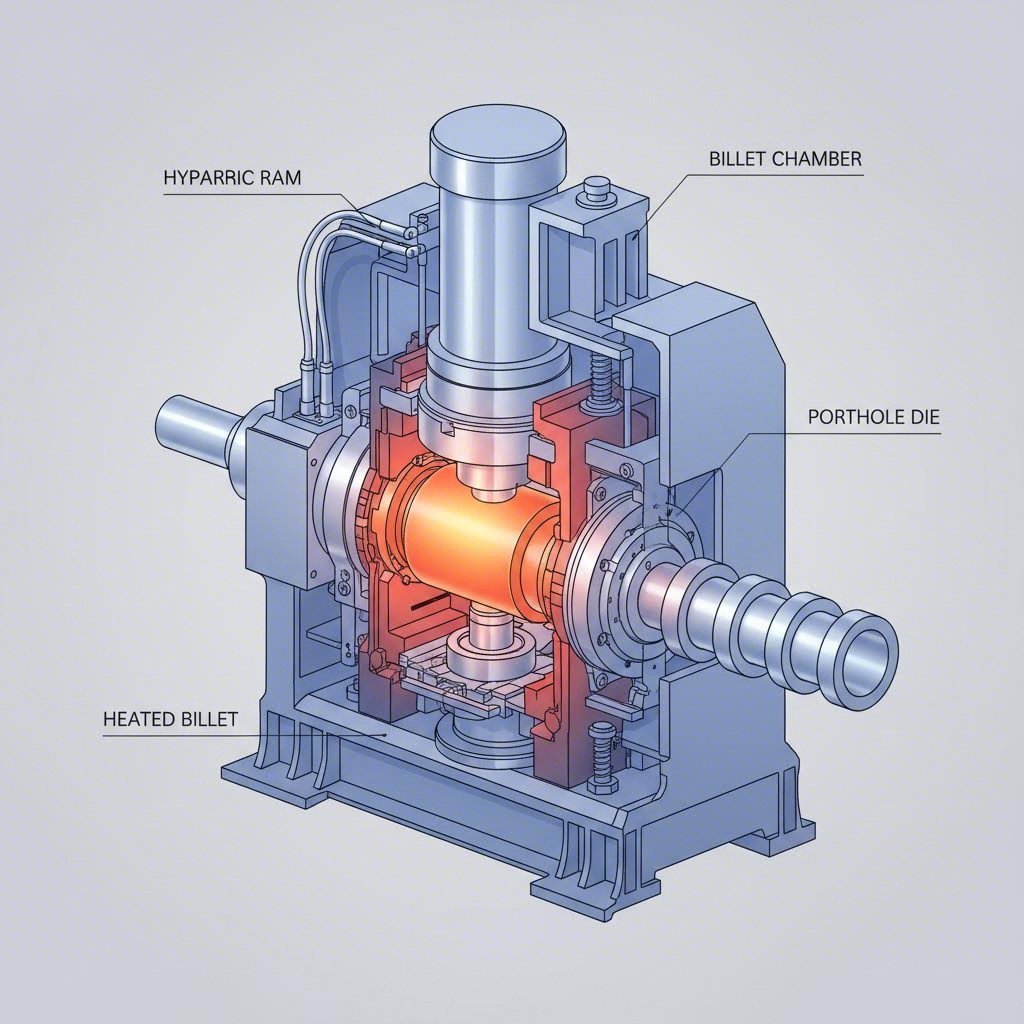 cutaway view of aluminum extrusion press mechanics and die system