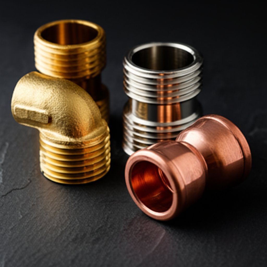 brass stainless steel plastic and copper plumbing fittings side by side