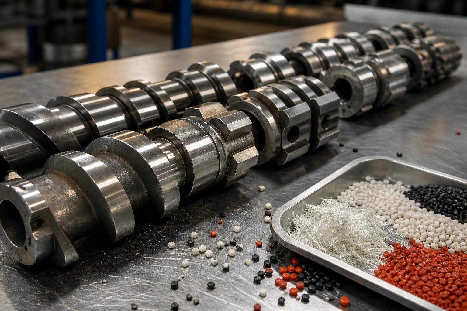 modular twin screw elements including kneading blocks and conveying segments used in polymer compounding configurations