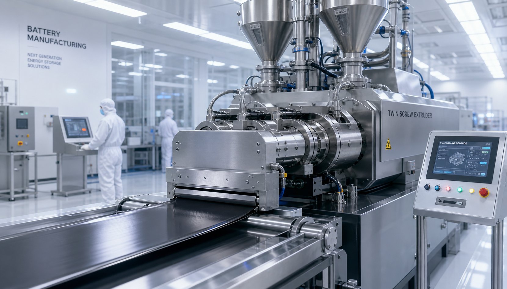 twin screw extruder producing battery electrode slurry in a clean room environment for lithium ion cell manufacturing