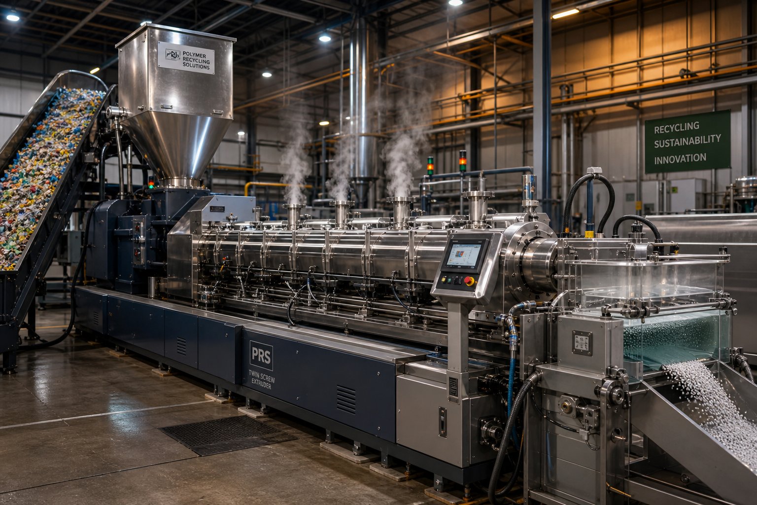 twin screw extruder recycling line converting plastic flakes into uniform pellets through devolatilization and underwater pelletizing