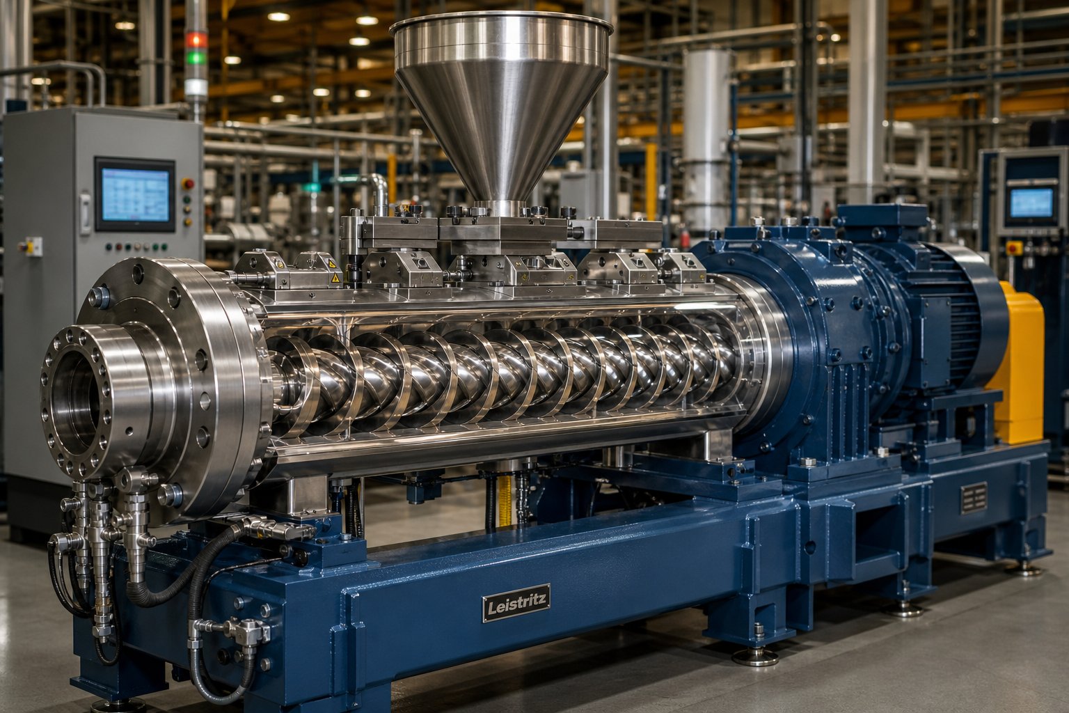 twin screw extruder with intermeshing co rotating screws visible inside a heated barrel for polymer compounding and advanced material processing