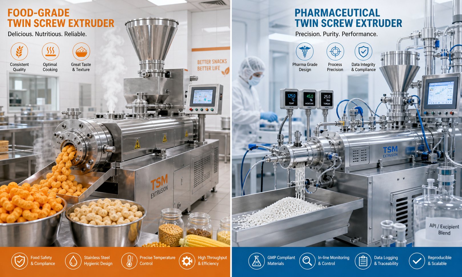 twin screw extruders in food snack production and pharmaceutical hot melt extrusion showing distinct processing environments