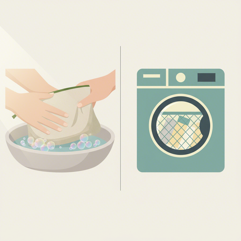 an illustration comparing the hand washing and machine washing methods for a canvas pouch