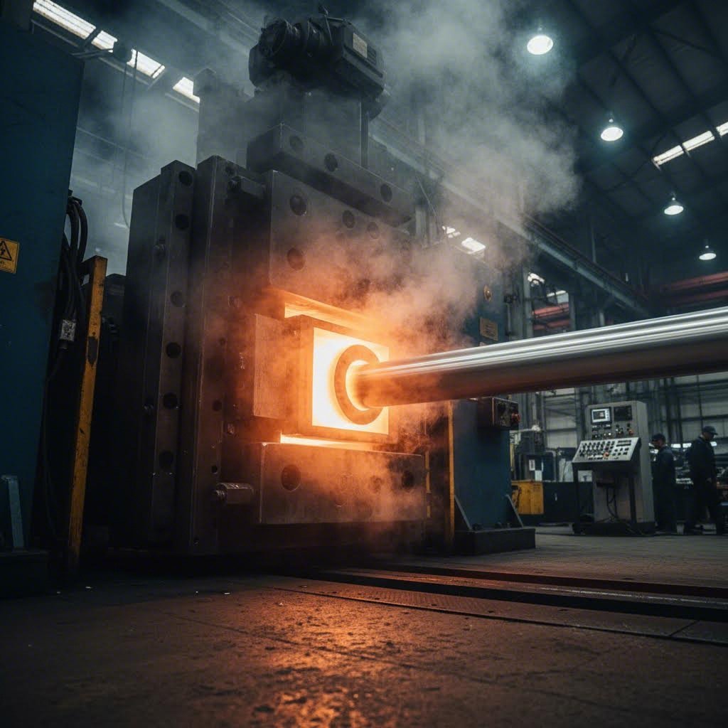 aluminum extrusion manufacturing process with heated billet flowing through precision die