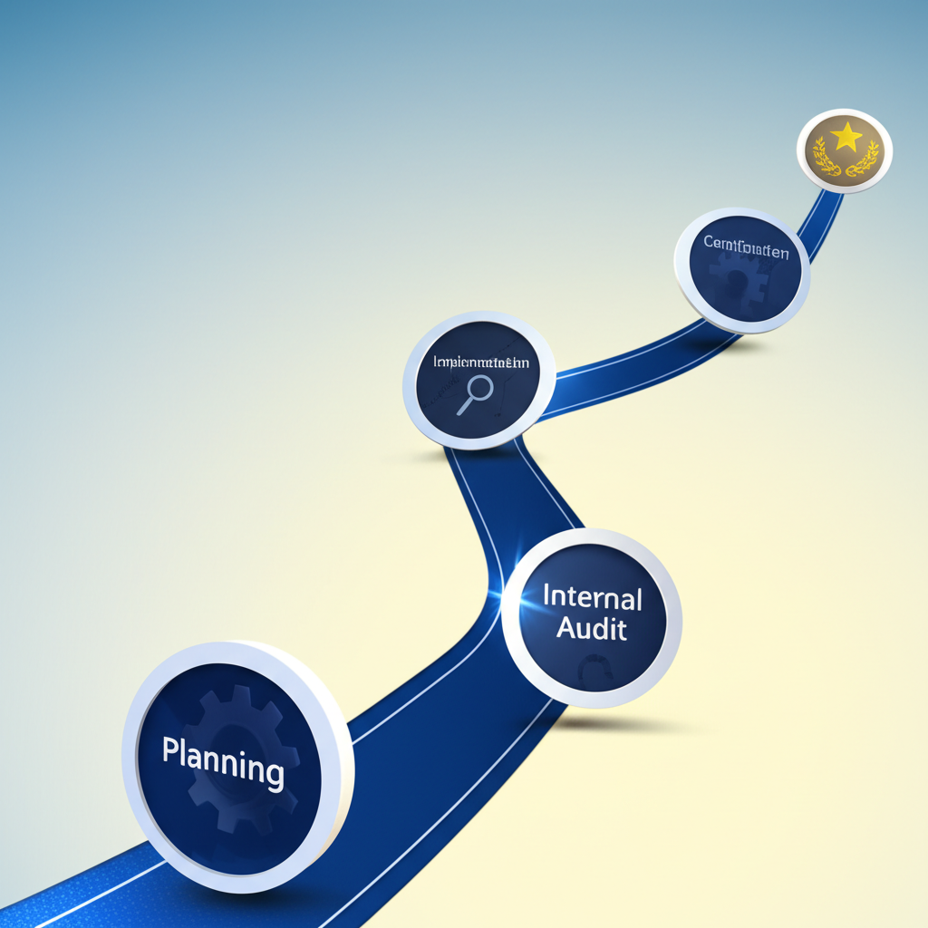 a visual roadmap showing the key stages of implementing an iso 9001 quality management system from planning to final certification