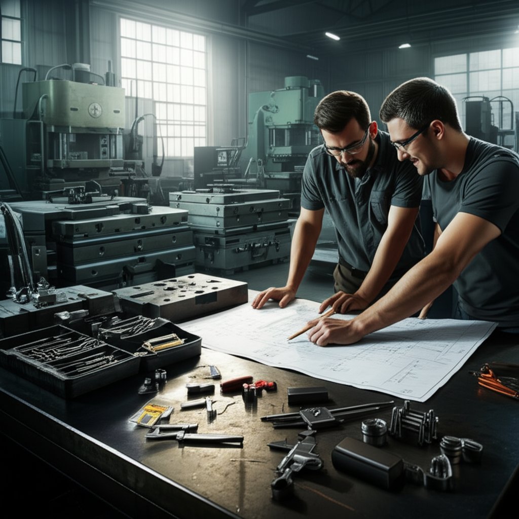 modern workshop with engineers and a variety of manufacturing dies