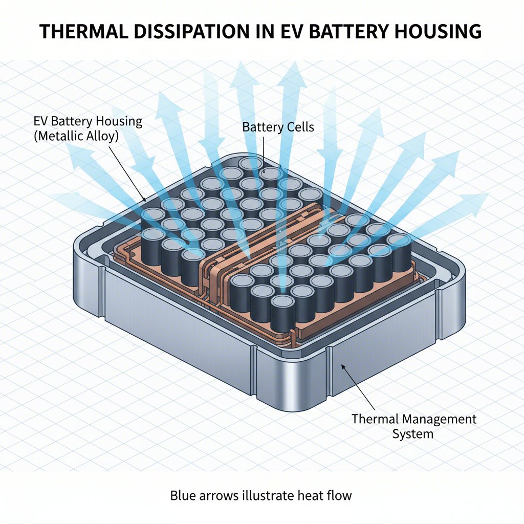 diagram showing efficient heat dissipation from an ev battery via a magnesium housing