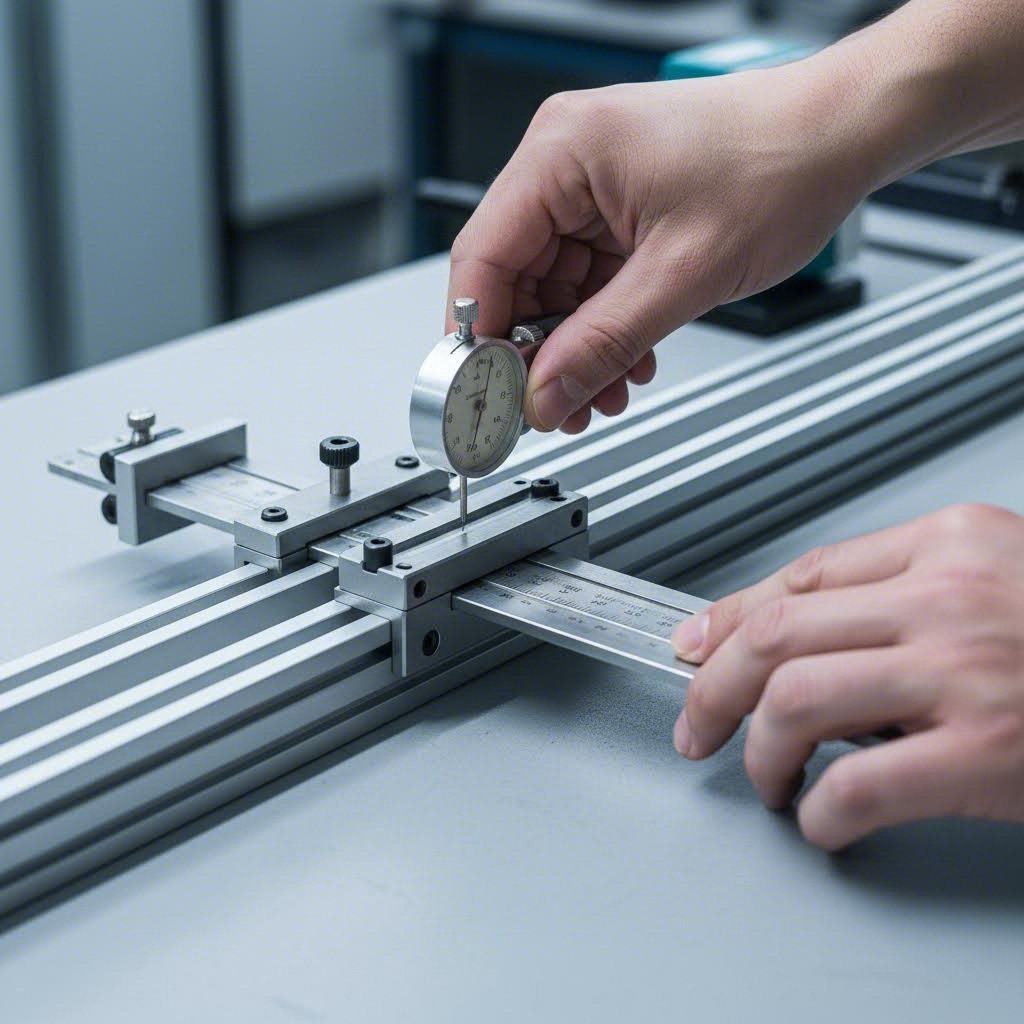 precision alignment verification during linear motion rail assembly using dial indicator