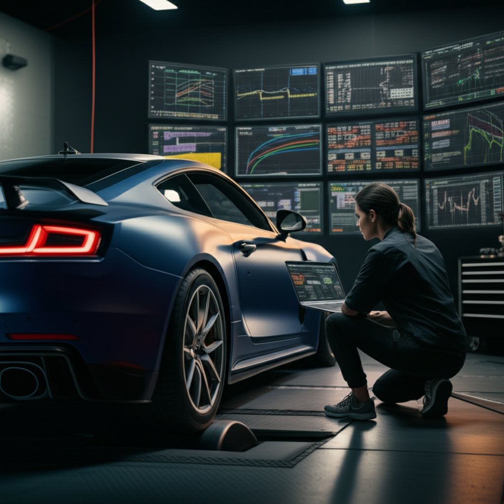 car undergoing professional dyno tuning with real time data monitoring