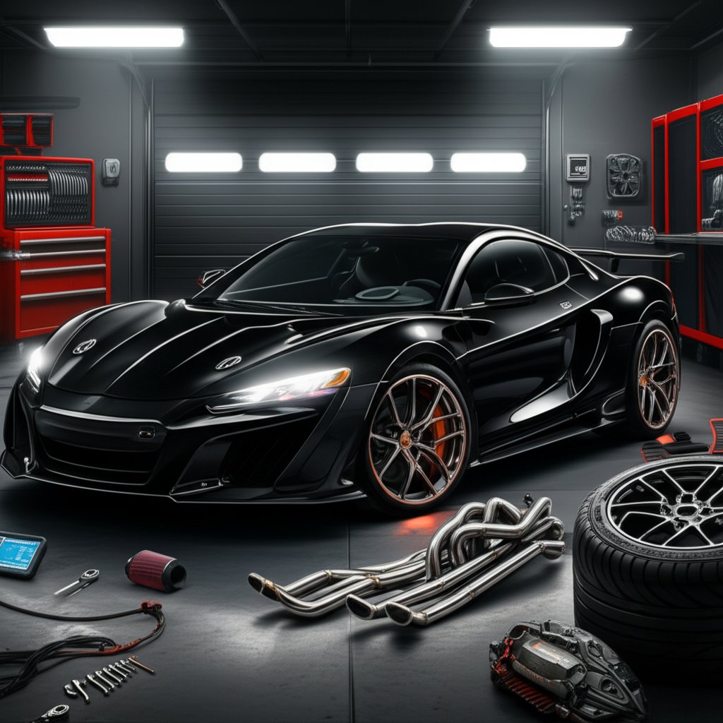 modern sports car with essential automotive performance parts in a professional garage