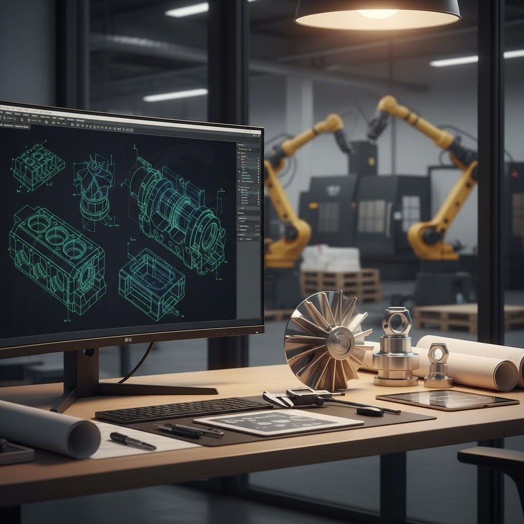 cad design workstation with metal prototypes ready for manufacturing review