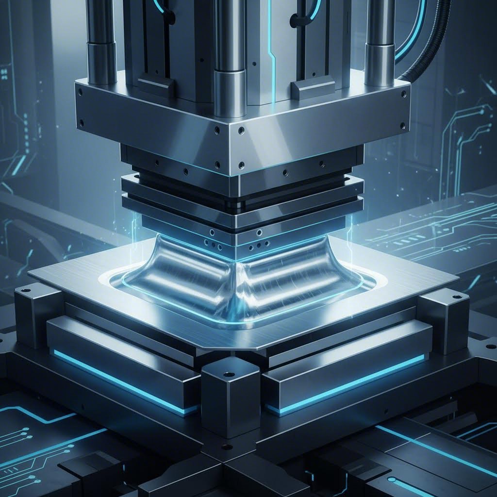 Illustration of metal stamping process for automotive panels