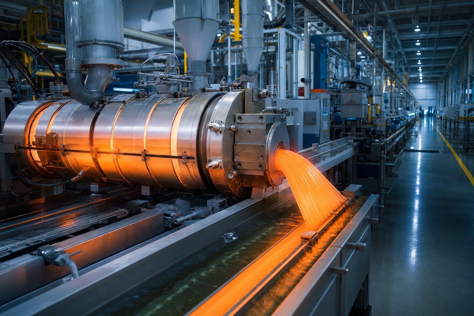 industrial polymer processing line transforming raw resin into finished products through precision extrusion