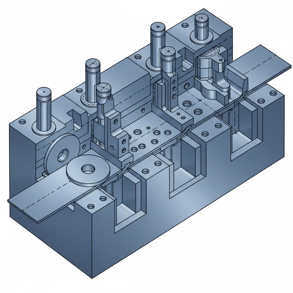cross section view of a progressive die showing simultaneous multi station stamping operations