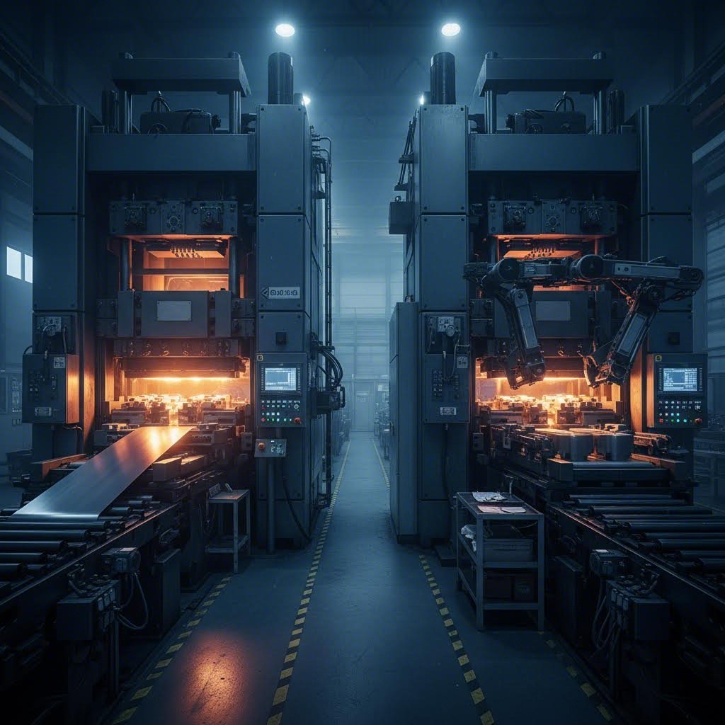 progressive and transfer die stamping presses working in parallel in a modern manufacturing facility
