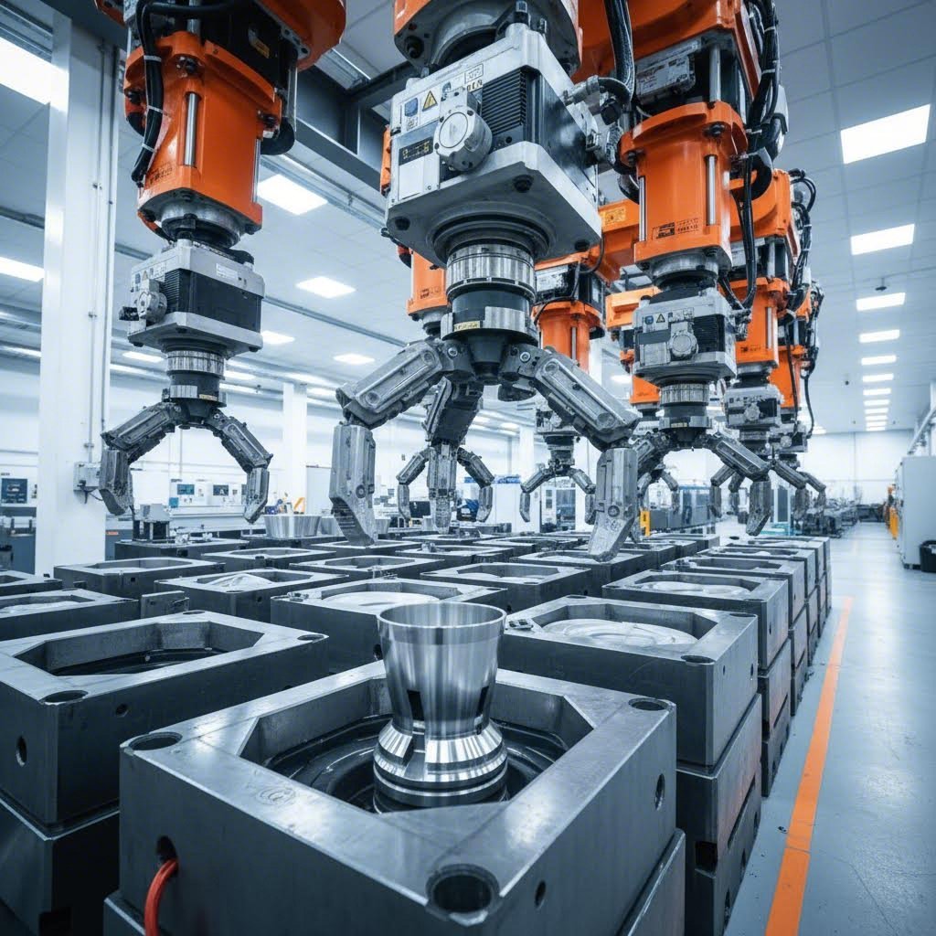 transfer die system with robotic arms moving blanks between independent forming stations