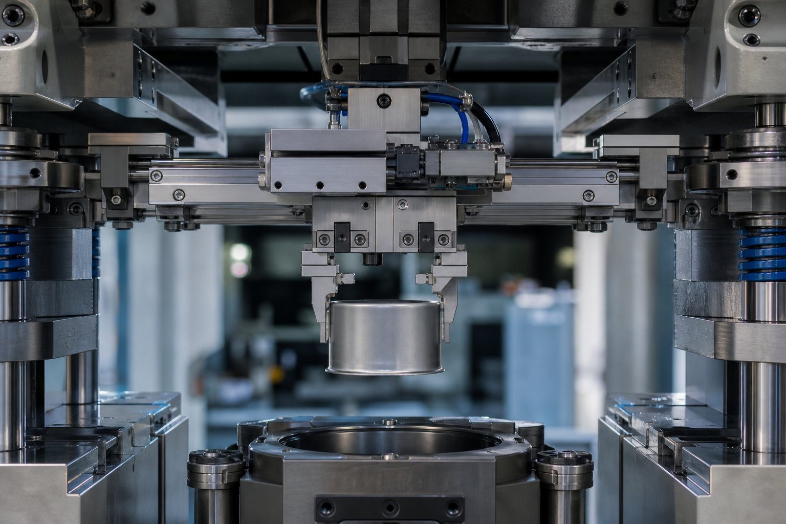 three axis transfer mechanism with gripper fingers holding a drawn part between forming stations