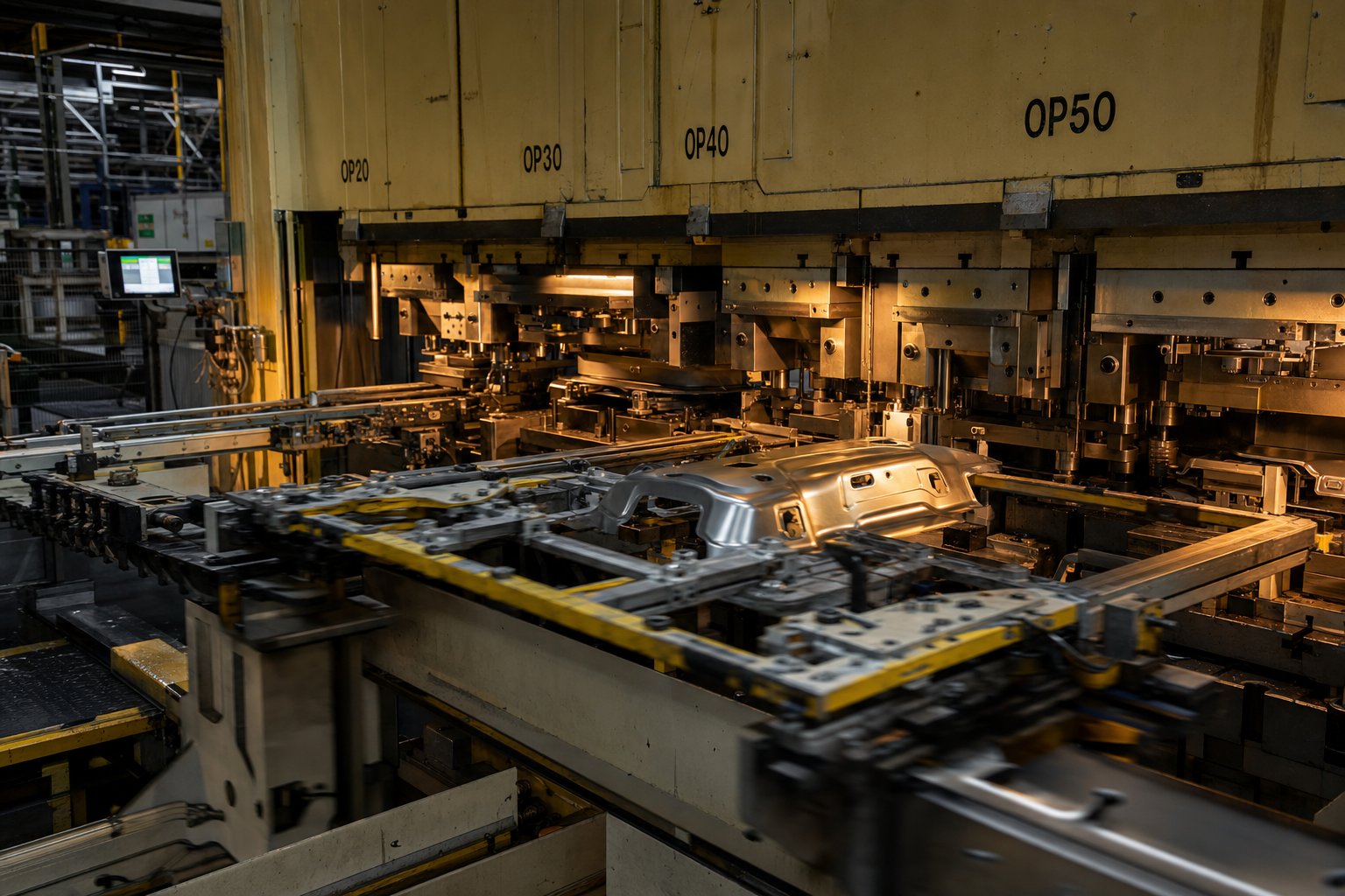 transfer die stamping press with mechanical gripper system moving a metal blank between independent forming stations