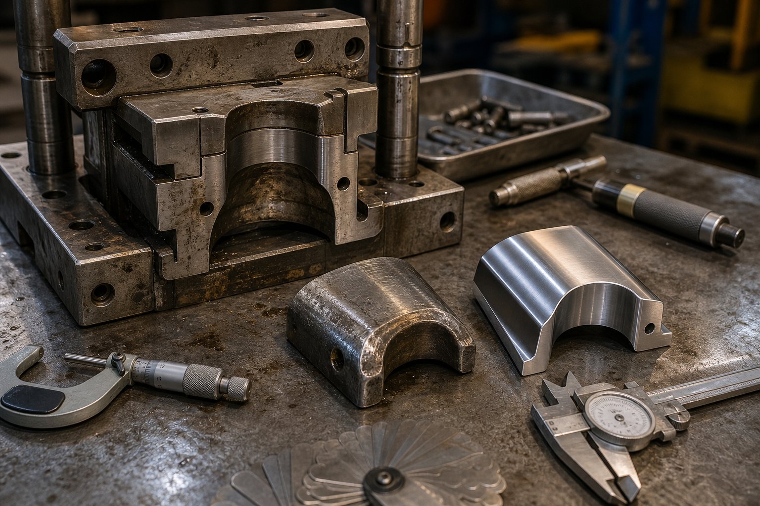transfer die station maintenance showing worn draw radius insert alongside precision measuring tools