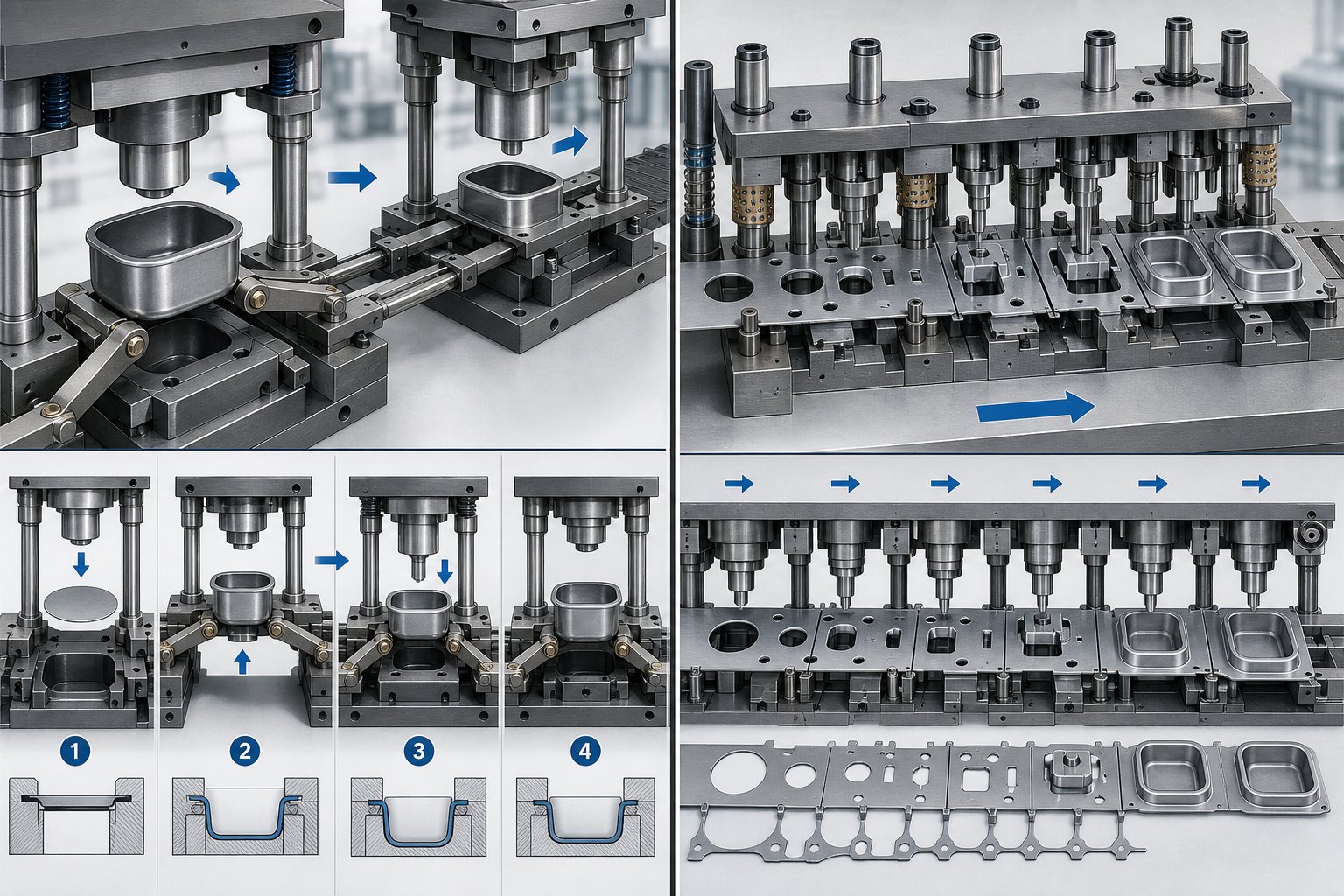 visual comparison of transfer die stamping with free floating blank versus progressive die stamping with carrier strip