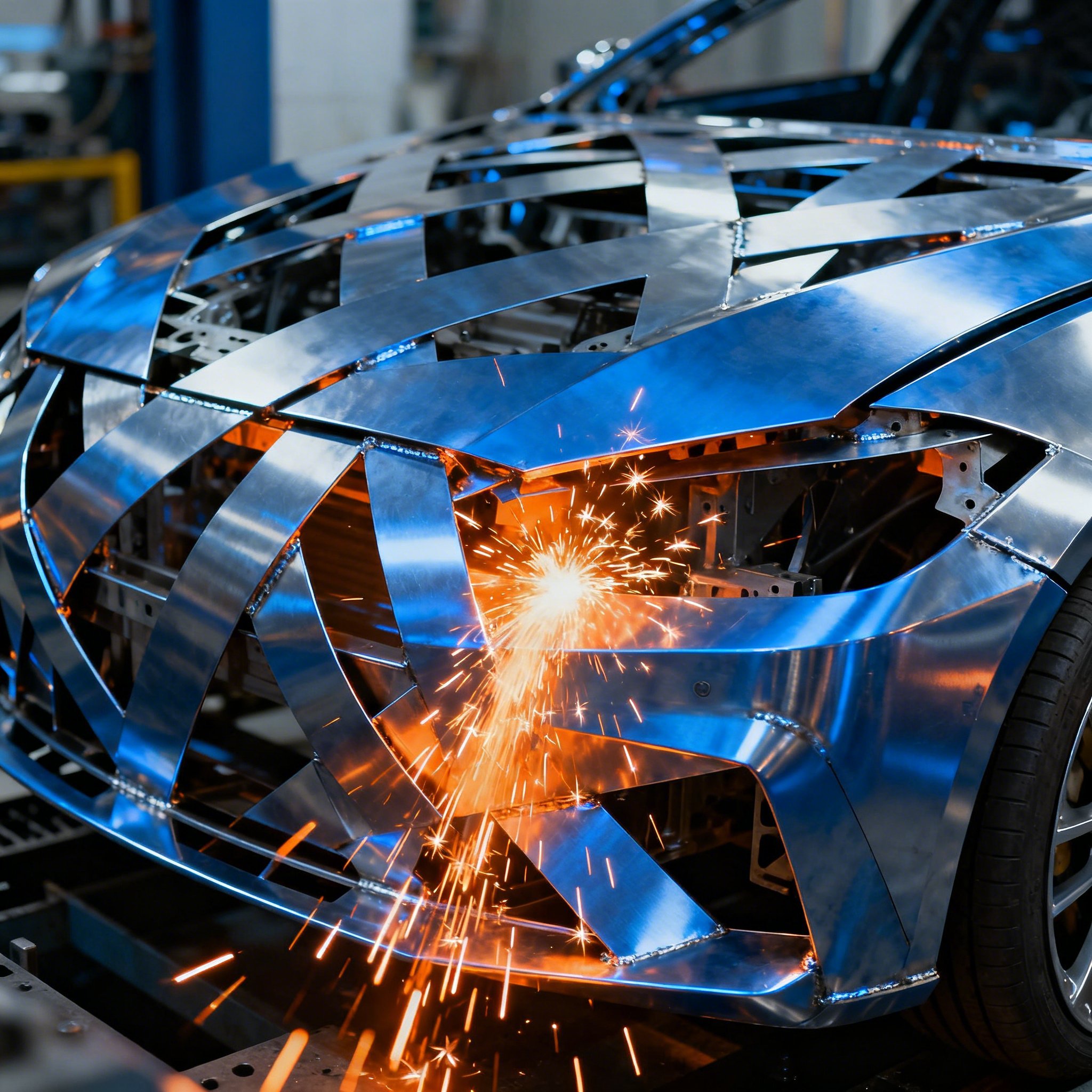 Concepto visual de la precisión industrial en la fabricación de componentes metálicos para automóviles