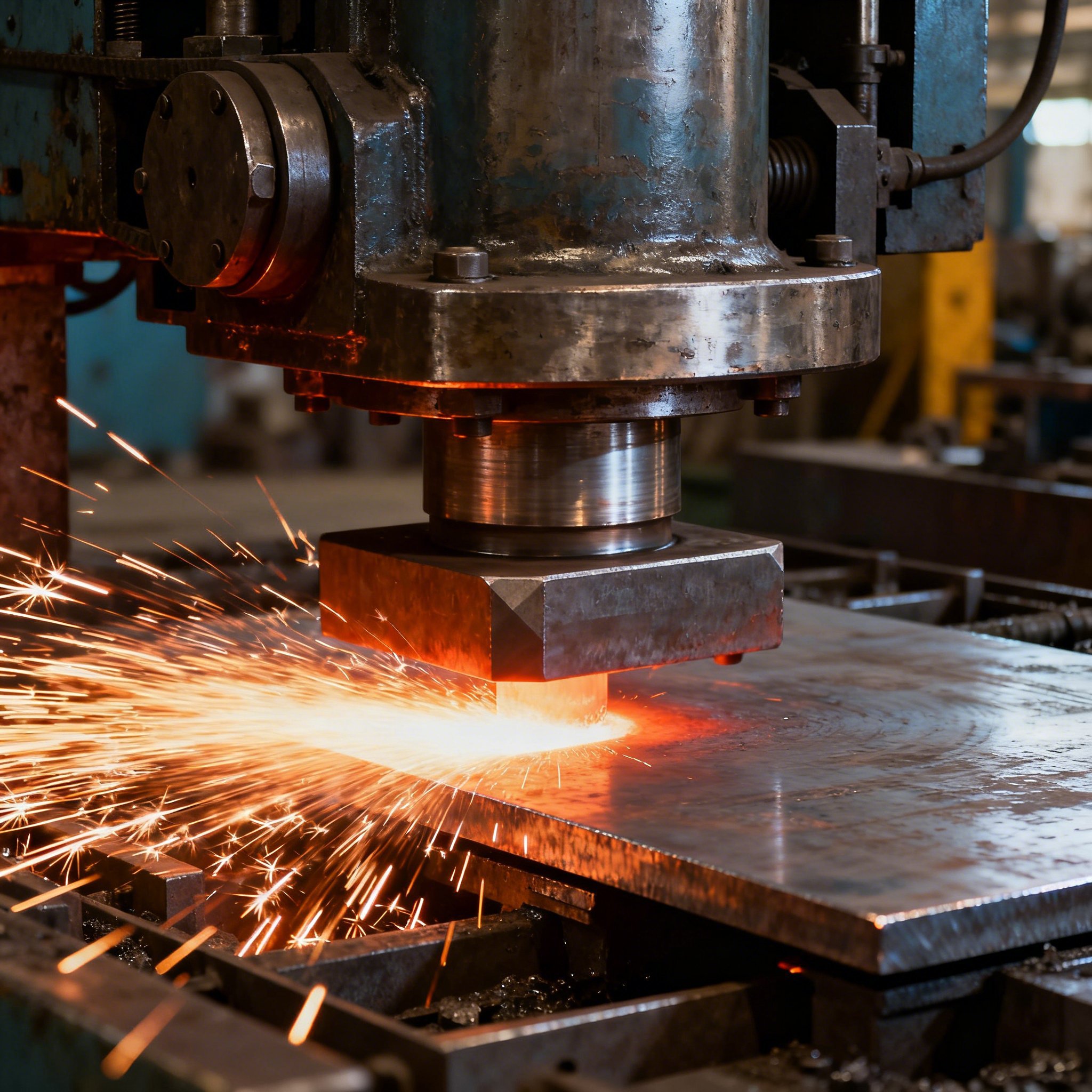 Metáfora visual del proceso de transformación metálica mediante prensas industriales de alta capacidad