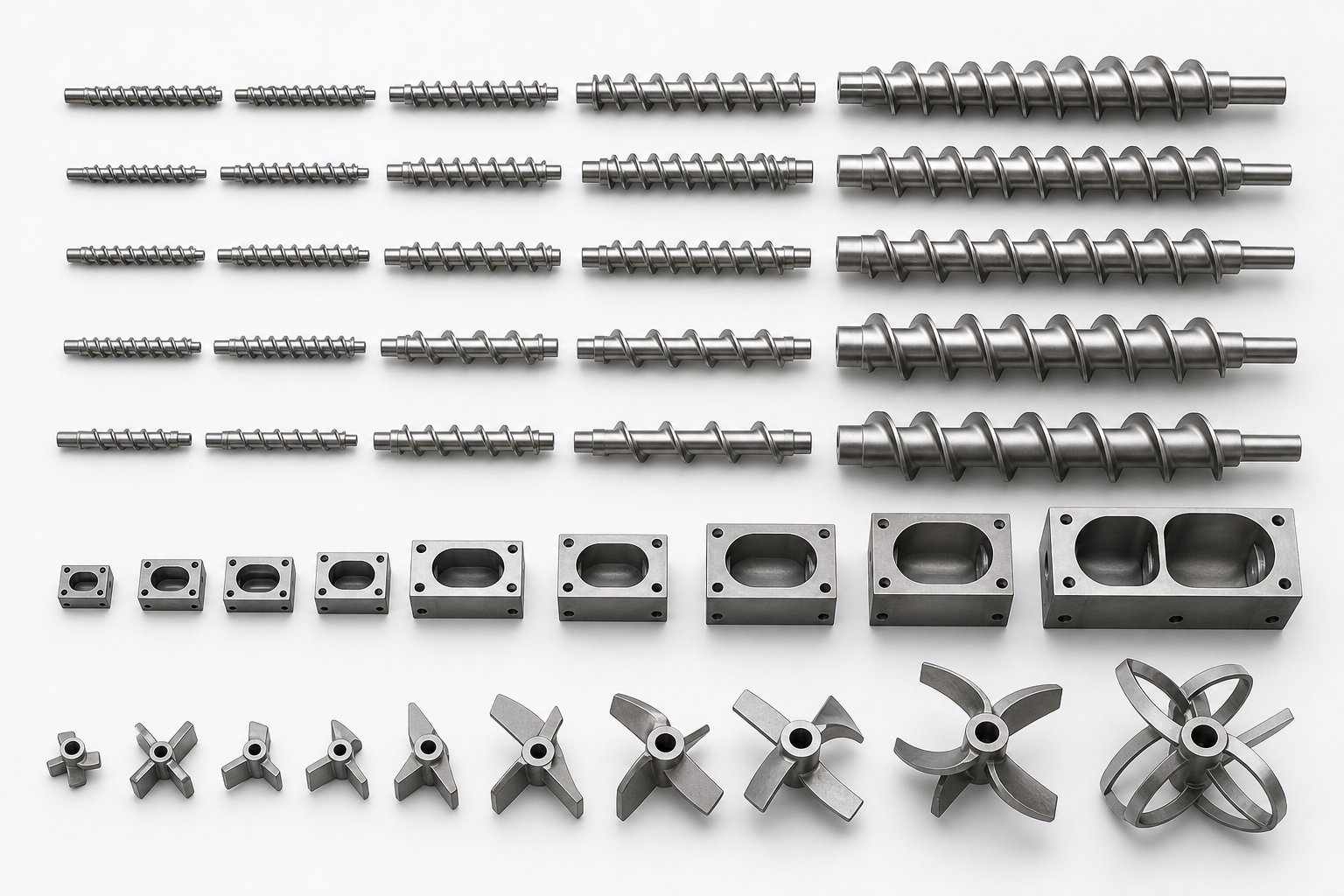 a comprehensive range of screw segments organized by type and size for twin screw extruder applications