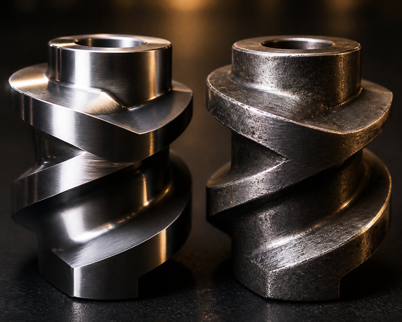comparison of a new screw segment versus a worn segment showing typical abrasive wear patterns