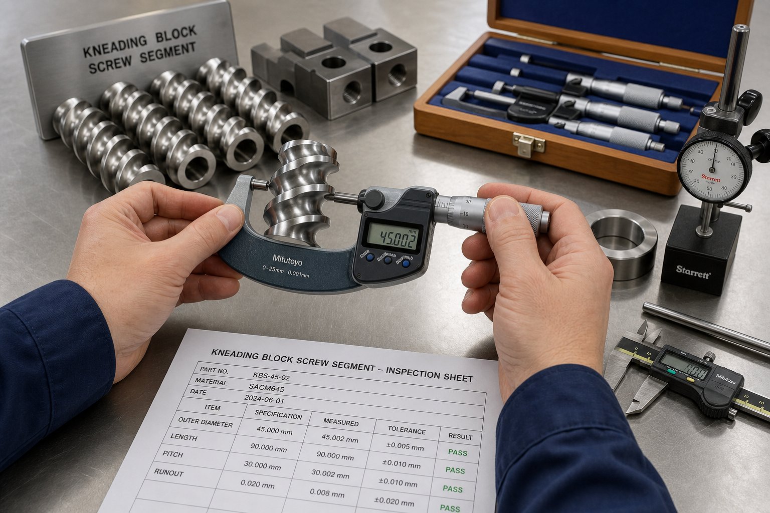 technician measuring screw segment outer diameter to diagnose wear related throughput problems