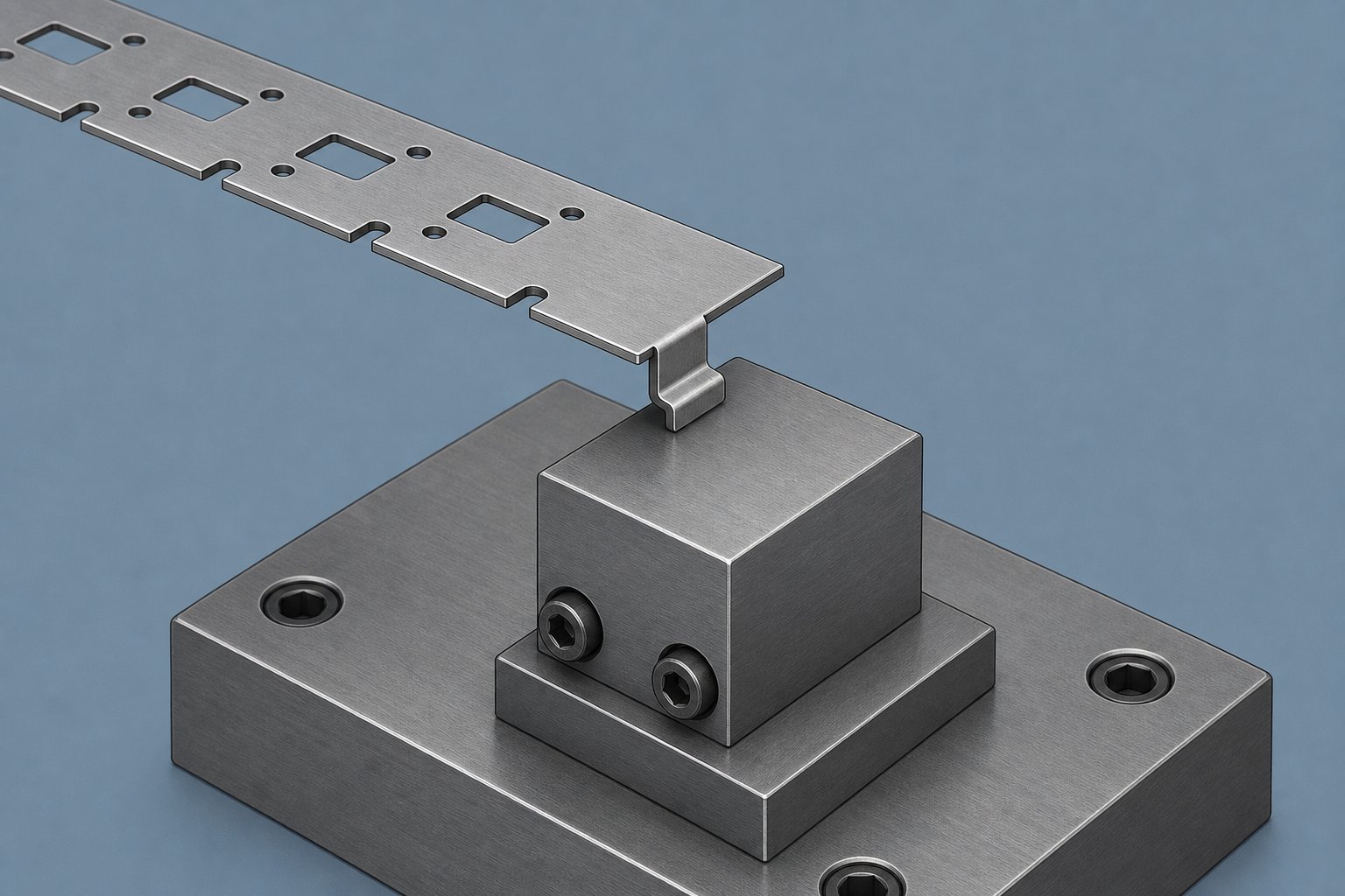 info-1-1 a positive bypass notch tab formed below the strip engages a stop block to arrest feed travel