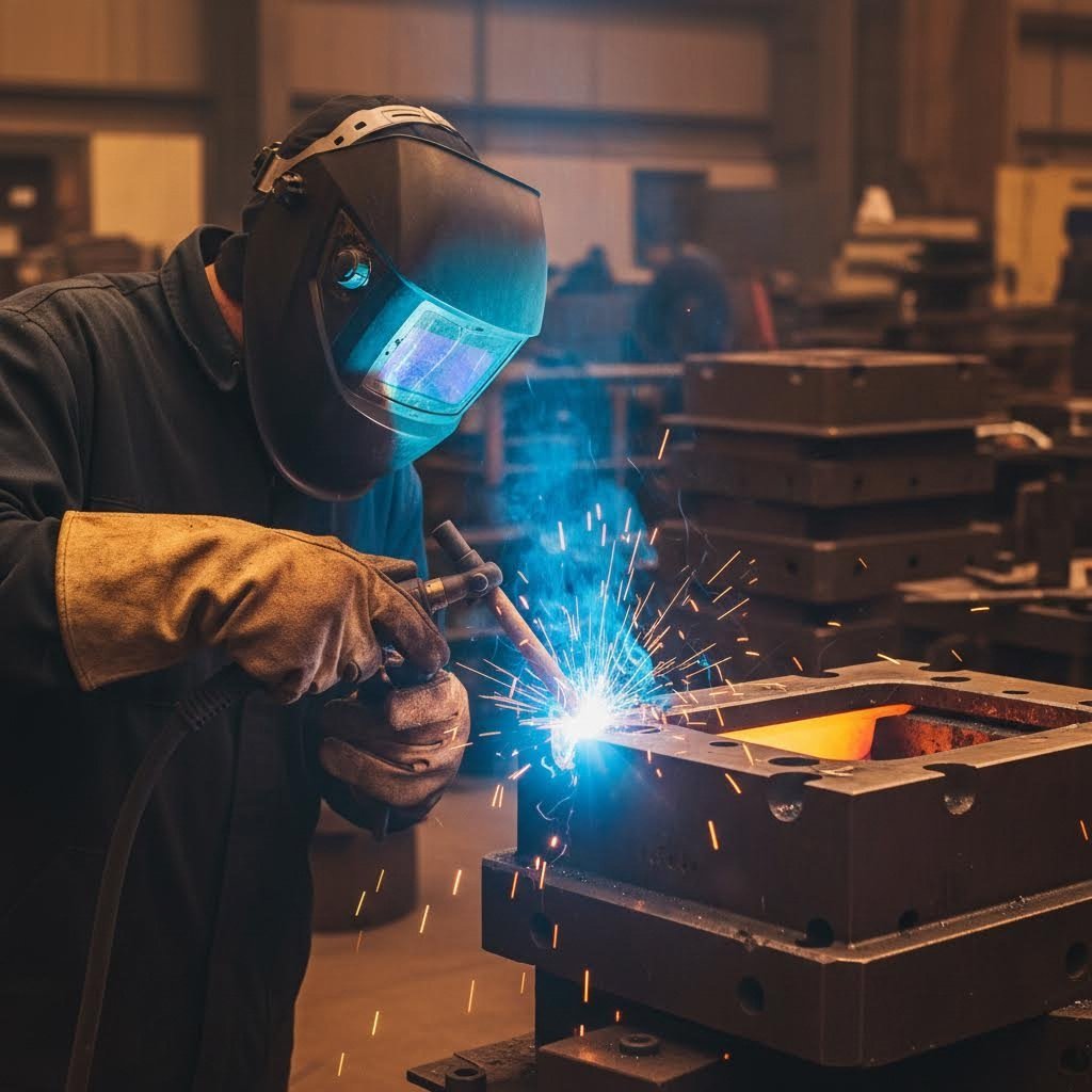 professional welder performing precision tig repair on preheated tool steel die component