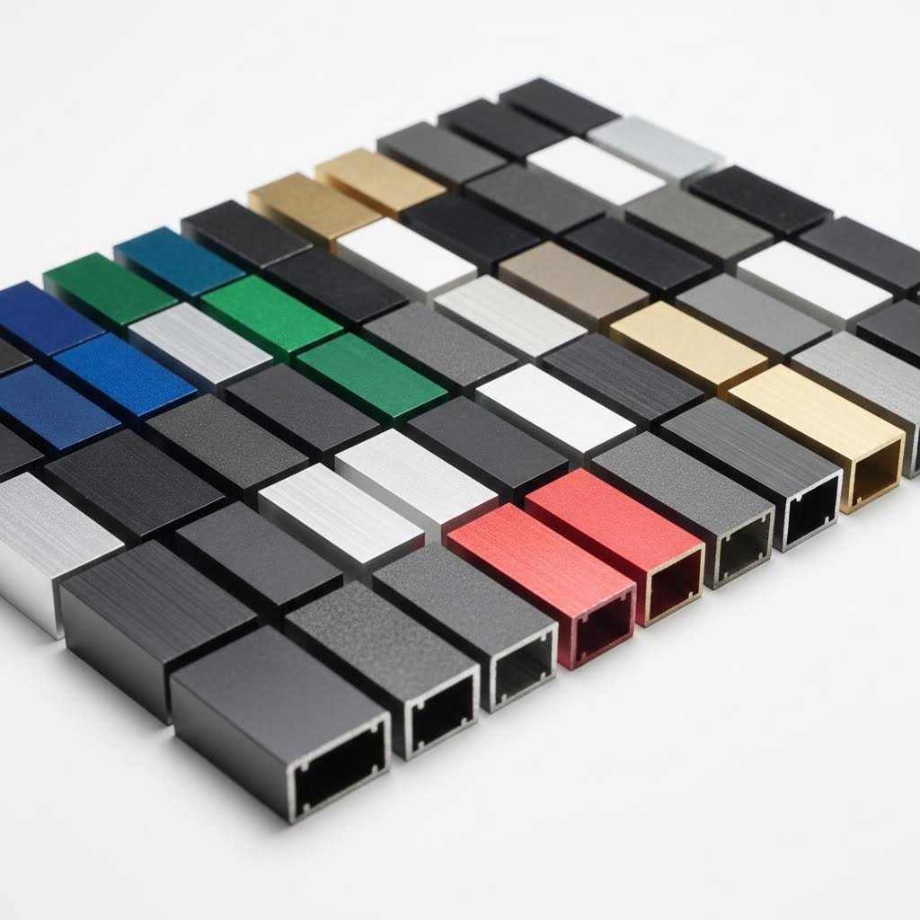 aluminum extrusion samples featuring anodized powder coated and mill finish surfaces