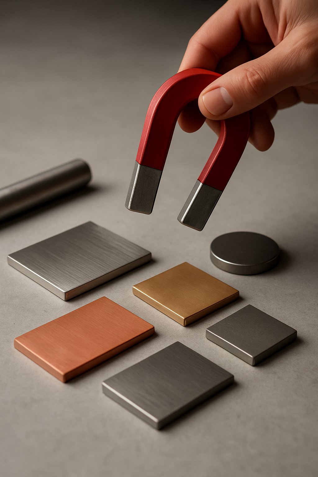 hand magnet above mixed metal samples in a workshop setting