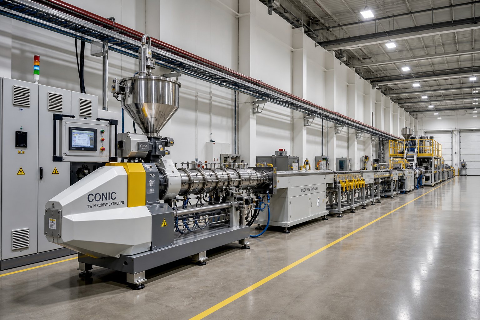 a conical twin screw extruder integrated into a complete extrusion production line on a modern factory floor